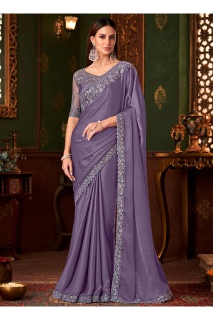 Lavender silk chiffon sequins embroidered wedding saree with blouse 1408