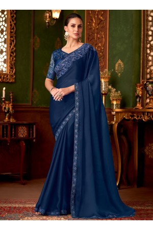 Navy blue satin sequins embroidered wedding saree with blouse 1418