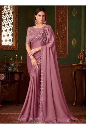 Mauve pink silk georgette sequins embroidered wedding saree with blouse 1410