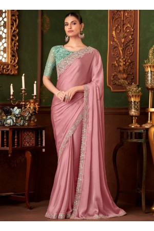 Powder pink silk chiffon sequins mbroidered wedding saree with blouse 1417