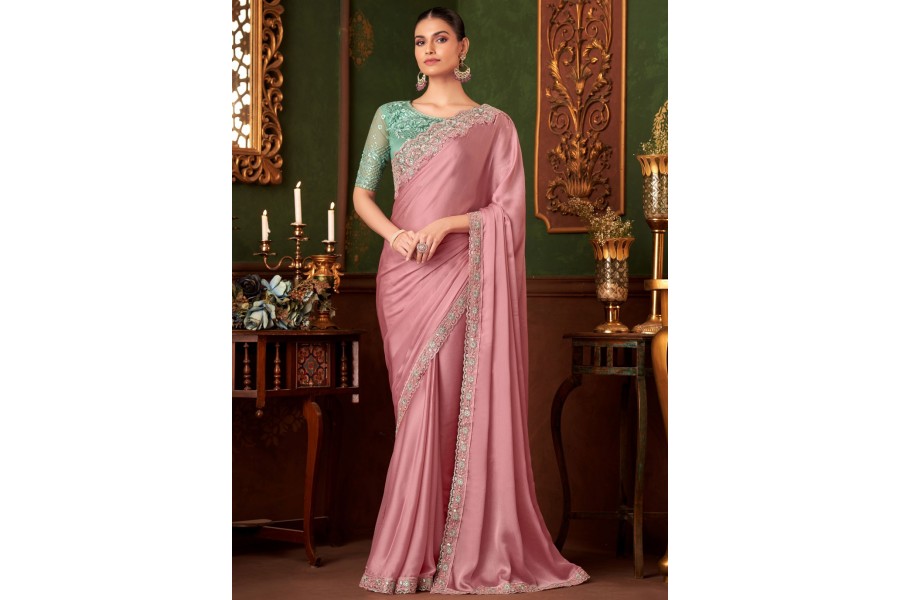 Powder Pink Saree with Beaded Blouse main image 1