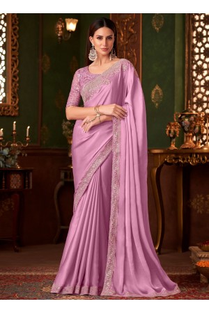 Pink silk chiffon sequins embroidered wedding saree with blouse 1406