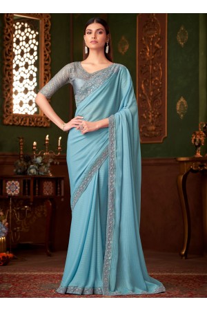Powder blue satin rainbow zari embroidered wedding saree with blouse 1415