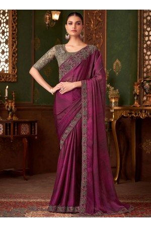 Wine color silk chiffon sequins embroidered wedding saree with blouse 1413