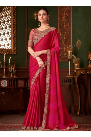 Rani shaded chiffon sequins embroidered wedding saree with blouse 1401