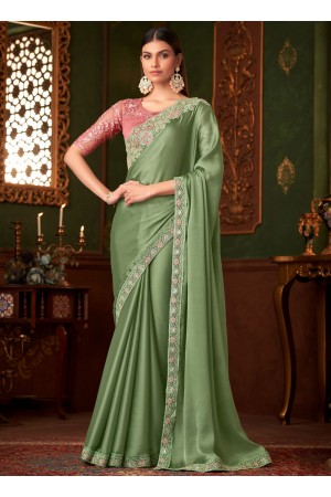 Mint green and peach satin sequins embroidered wedding saree with blouse 1403