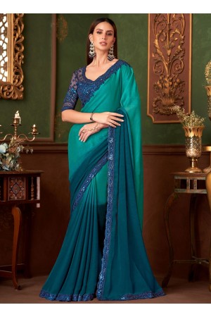 Turquoise blue shaded satin chiffon sequins embroidered wedding saree with blouse 1414