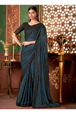Blue and black shaded silk pattern sequins embroidered wedding saree with blouse 1411