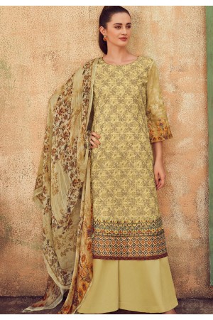 beige cotton satin embroidered daman work and digital printed palazzo suit 9034