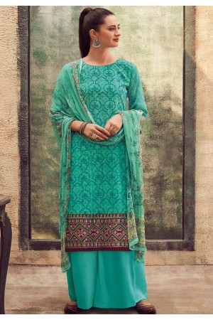 blue cotton satin embroidered daman work and digital printed palazzo suit 9030