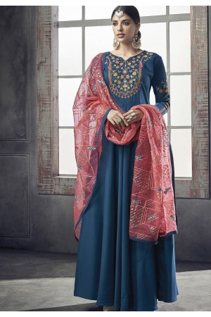 blue maslin cotton long anarkali gown style suit 39006