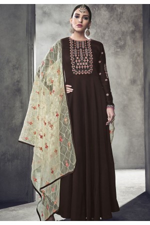 brown maslin cotton long anarkali gown style suit 39011