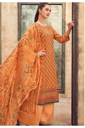 dark yellow cotton satin embroidered daman work and digital printed palazzo suit 9038