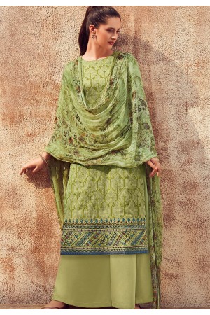 green cotton satin embroidered daman work and digital printed palazzo suit 9032