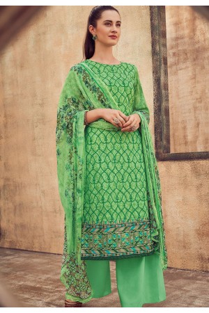 green cotton satin embroidered daman work and digital printed palazzo suit 9033