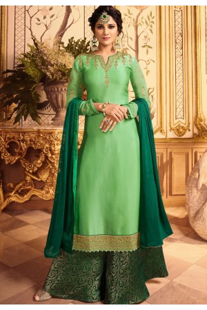 green embroidered satin georgette sharara style pakistani suit 15603