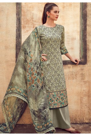 grey cotton satin embroidered daman work and digital printed palazzo suit 9036