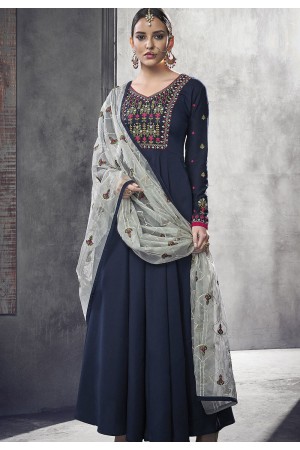 navy blue maslin cotton long anarkali gown style suit 39007