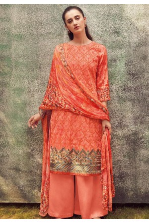 peach cotton satin embroidered daman work and digital printed palazzo suit 9031