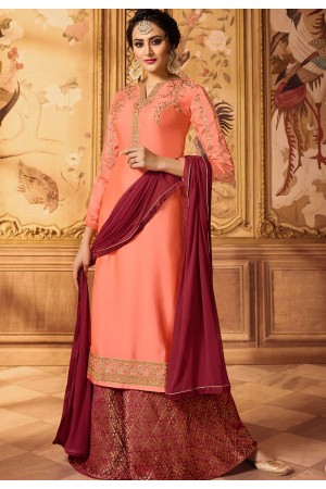 peach embroidered satin georgette sharara style pakistani suit 15606