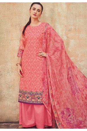 pink cotton satin embroidered daman work and digital printed palazzo suit 9037