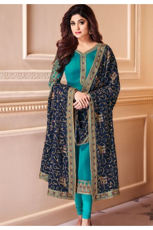 shamita shetty blue georgette embroidered churidar suit 8144