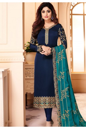 shamita shetty navy blue georgette embroidered churidar suit 8140