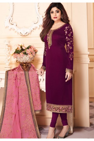 shamita shetty purple georgette embroidered churidar suit 8139