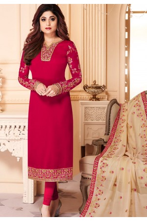 shamita shetty rani pink georgette embroidered churidar suit 8143