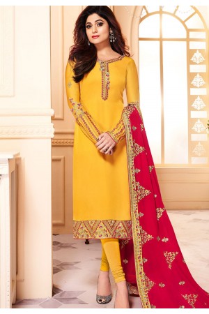 shamita shetty yellow georgette embroidered churidar suit 8141