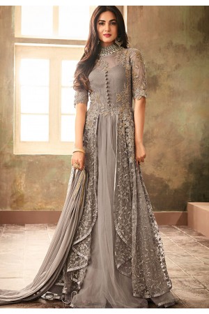 sonal chauhan grey net embroidered designer anarkali suit 6707