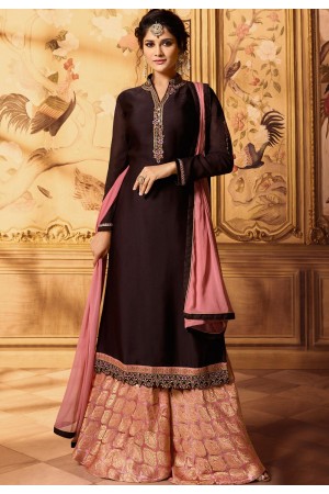 wine embroidered satin georgette sharara style pakistani suit 15604