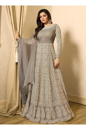 Drashti Dhami grey color net party wear anarkali