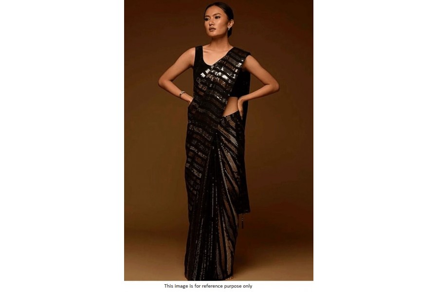 Sequins x Printed Georgette Saree - Black