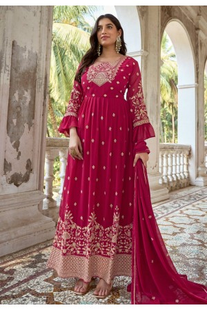 Faux georgette abaya style Anarkali suit in Magenta colour 1022