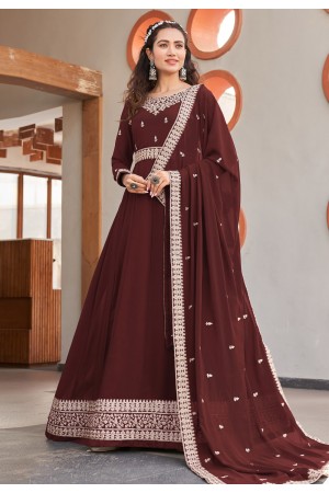 Faux georgette abaya style Anarkali suit in Maroon colour 1001D