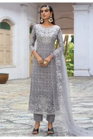 Faux georgette embroidered pakistani suit in Grey colour 2016A