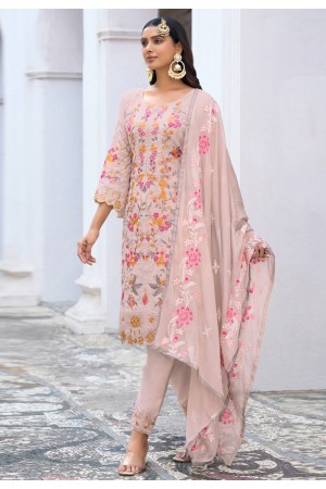 Faux georgette embroidered pant style suit in Pink colour 2013