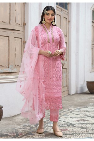 Faux georgette embroidered pant style suit in Pink colour 2015