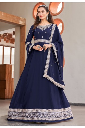 Faux georgette long Anarkali suit in Navy blue colour 1001C