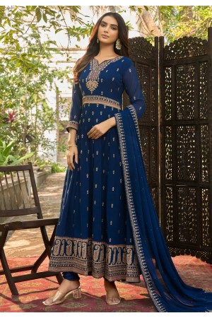 Faux georgette long Anarkali suit in Navy blue colour 1023