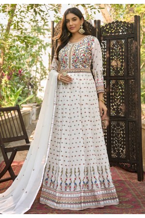 Faux georgette long Anarkali suit in White colour 1025