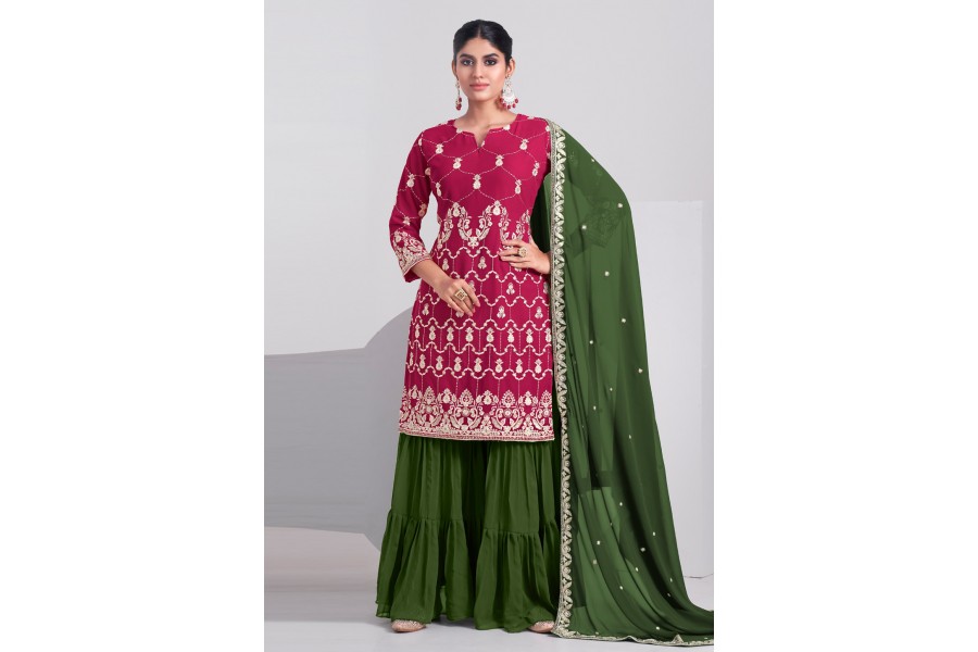 Pink Faux Georgette Sharara Suit With Kameez And Dupatta For Indian & Pakistani Wedding Festival - Thread Sequence Work main image 1
