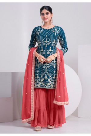 Faux georgette sharara suit in Teal colour 6102