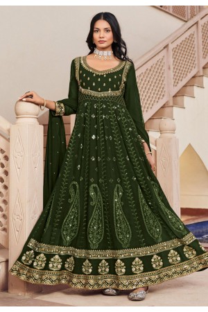 Georgette abaya style Anarkali suit in Green colour 1014