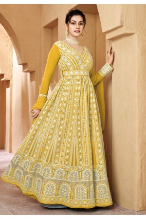 Georgette abaya style Anarkali suit in Mustard colour 2017