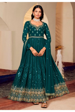 Georgette abaya style Anarkali suit in Teal colour 1012