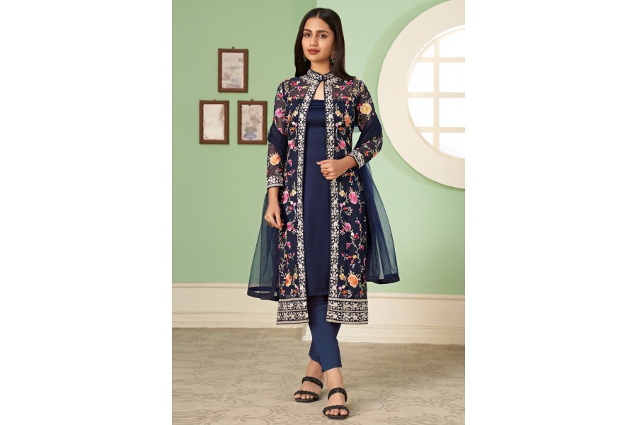 Blue Designer Georgette Embroidered Jacket Style Suit