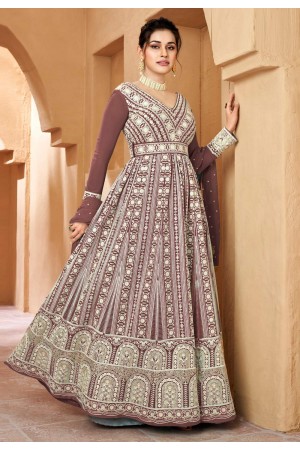 Georgette long Anarkali suit in Brown colour 2018