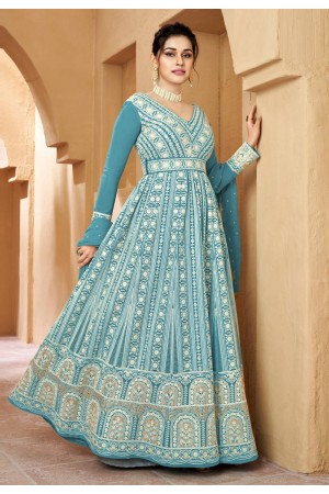 Georgette long Anarkali suit in Light blue colour 2016